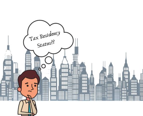 A man in a thoughtful pose with a thought bubble above his head containing the question 'Tax Residency status?' The background displays an image of a cityscape, representing contemplation and consideration of tax residency for individuals - KR Law Firm - Tax Law Firm in Toronto