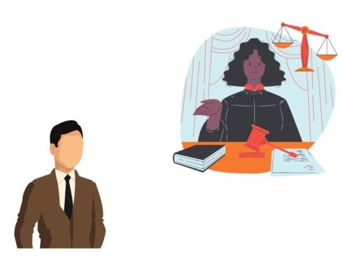 Man engaged in conversation while standing in front of a female judge in a court, representing the tax dispute and litigation process - KR Law Firm - Tax Law Firm in Toronto