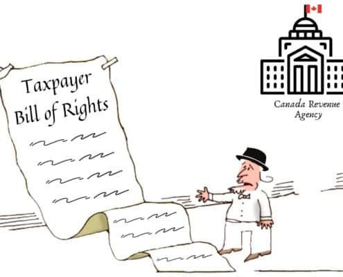 Man reading the Taxpayer Bill of Rights with the image of the CRA (Canada Revenue Agency) building in the background, symbolizing the importance of taxpayer rights - KR Law Firm - Tax Law Firm in Toronto
