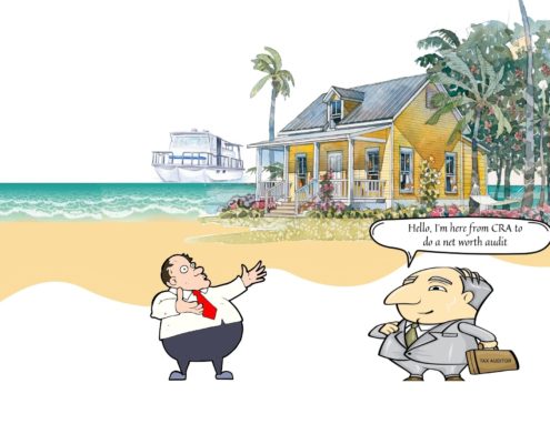 A wealthy man standing at his beach house with a representative from the CRA (Canada Revenue Agency) approaching him for a net worth audit - CRA Net Worth Audits - KR Law Firm - Tax Law Firm in Toronto
