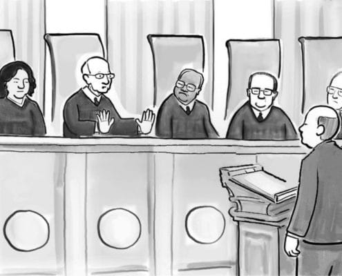 Man standing and addressing the judge and court clerks in a court room, representing the judicial review of CRA (Canada Revenue Agency) discretionary decisions in the Federal Court - KR Law Firm - Tax Law Firm in Toronto