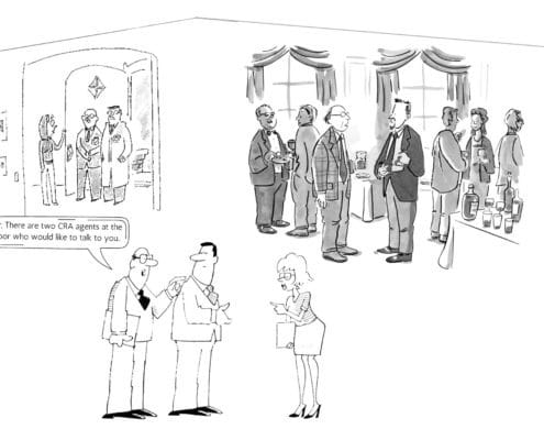 Image depicting a house party with two officers from the CRA (Canada Revenue Agency) waiting at the door, while inside, a man informing the owner of the presence of the CRA agents - CRA Jeopardy Orders, CRA Collection Powers & Challenges - KR Law Firm - Tax Law Firm in Toronto