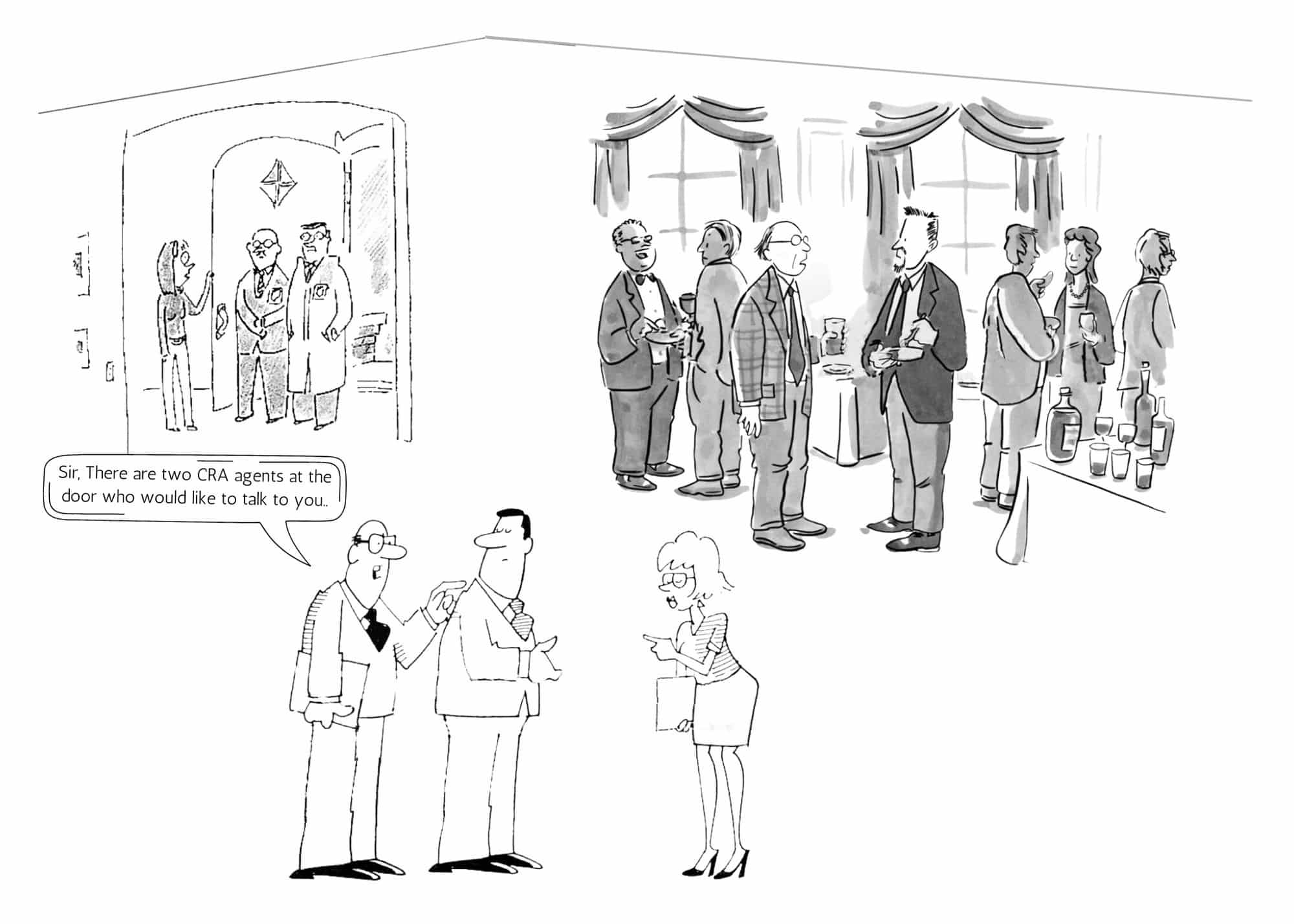 Image depicting a house party with two officers from the CRA (Canada Revenue Agency) waiting at the door, while inside, a man informing the owner of the presence of the CRA agents - CRA Jeopardy Orders, CRA Collection Powers & Challenges - KR Law Firm - Tax Law Firm in Toronto